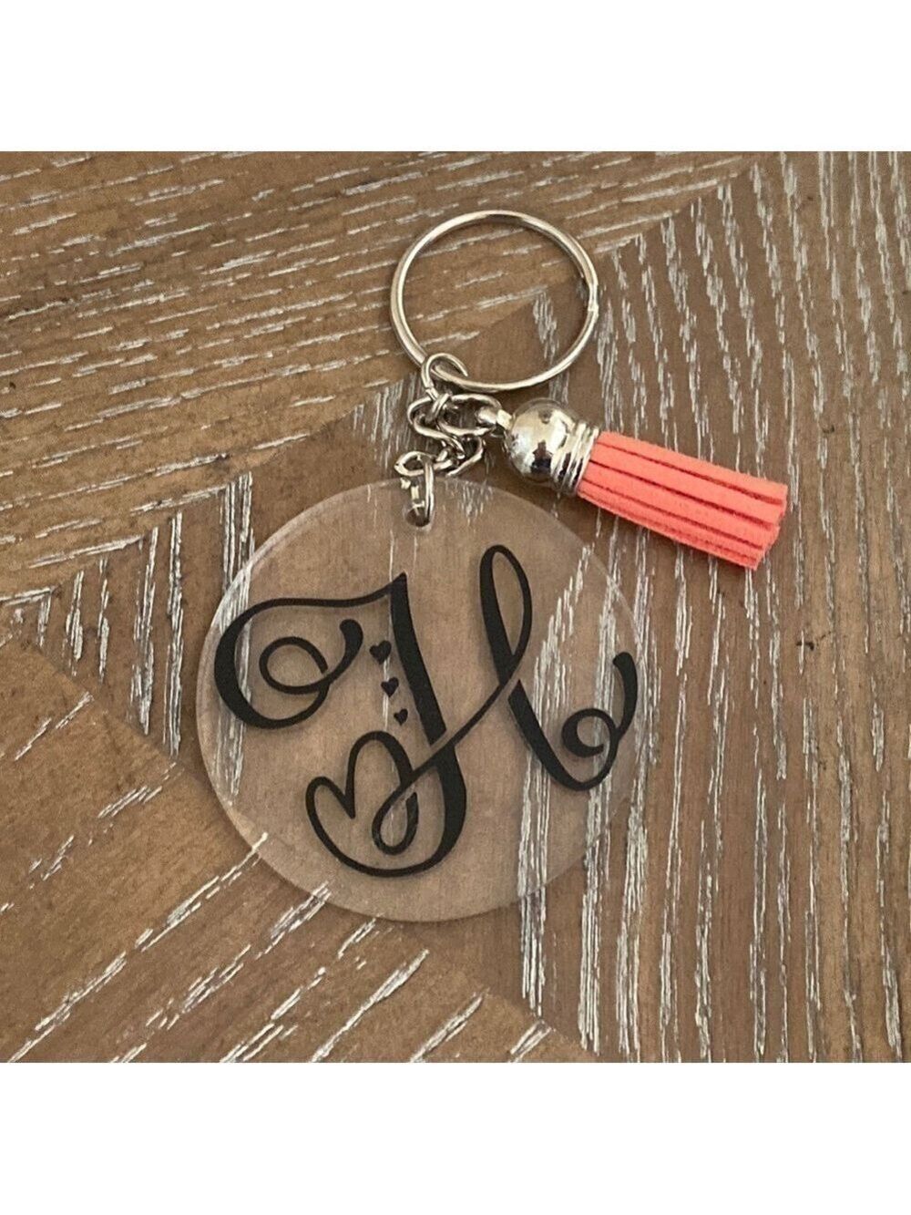 Handmade Clear Acrylic Keychain Peach Leather Tassel H